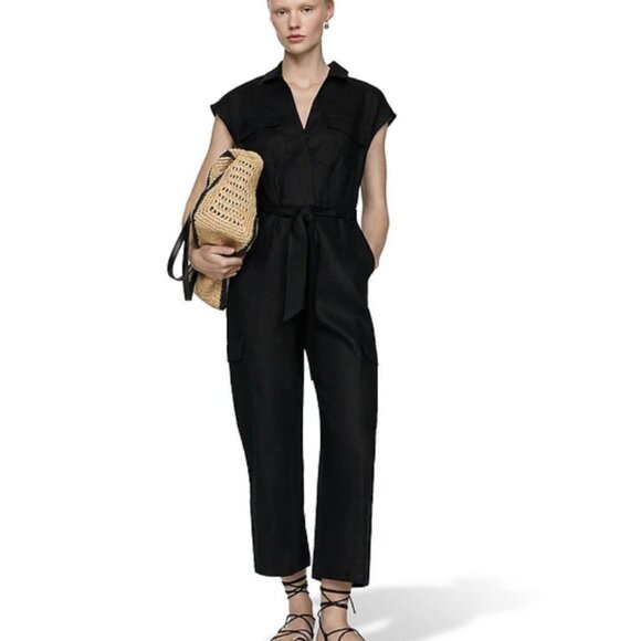 Mango Pants - Mango Black Linen Cargo-Style Jumpsuit